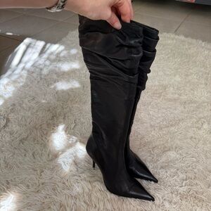 Gibellieri Black Leather Slouch Knee High Boots Pointed Toe Made in Italy SZ 34